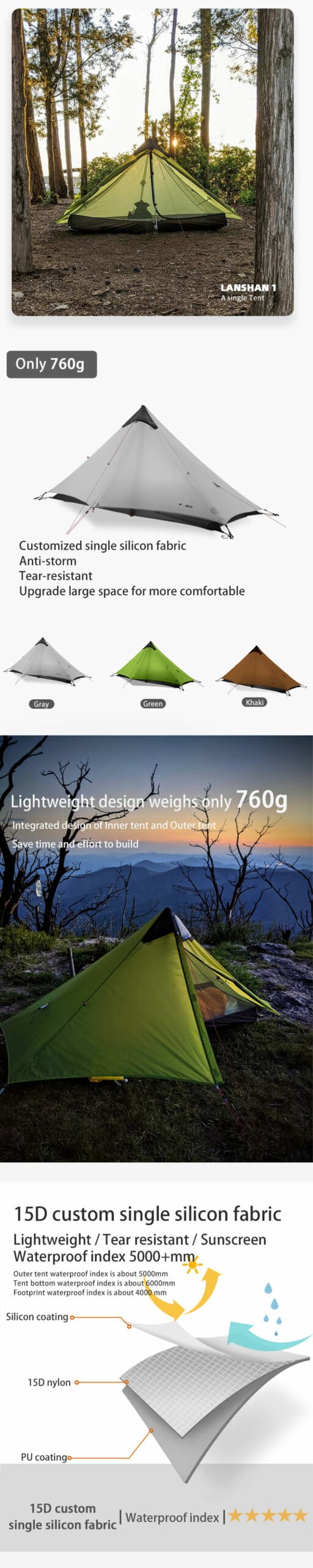 2021 New Version 230cm 3F UL GEAR Lanshan 1 Ultralight Camping 3/4 Season 15D Silnylon Rodless Tent