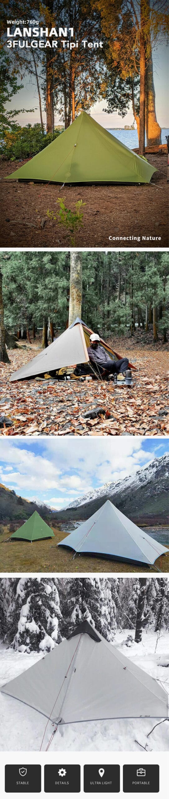 2021 New Version 230cm 3F UL GEAR Lanshan 1 Ultralight Camping 3/4 Season 15D Silnylon Rodless Tent