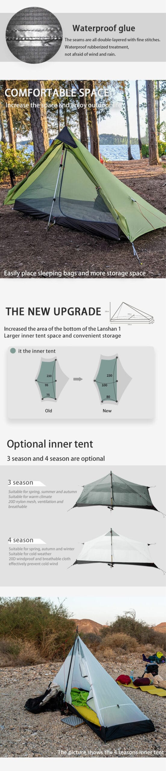 2021 New Version 230cm 3F UL GEAR Lanshan 1 Ultralight Camping 3/4 Season 15D Silnylon Rodless Tent